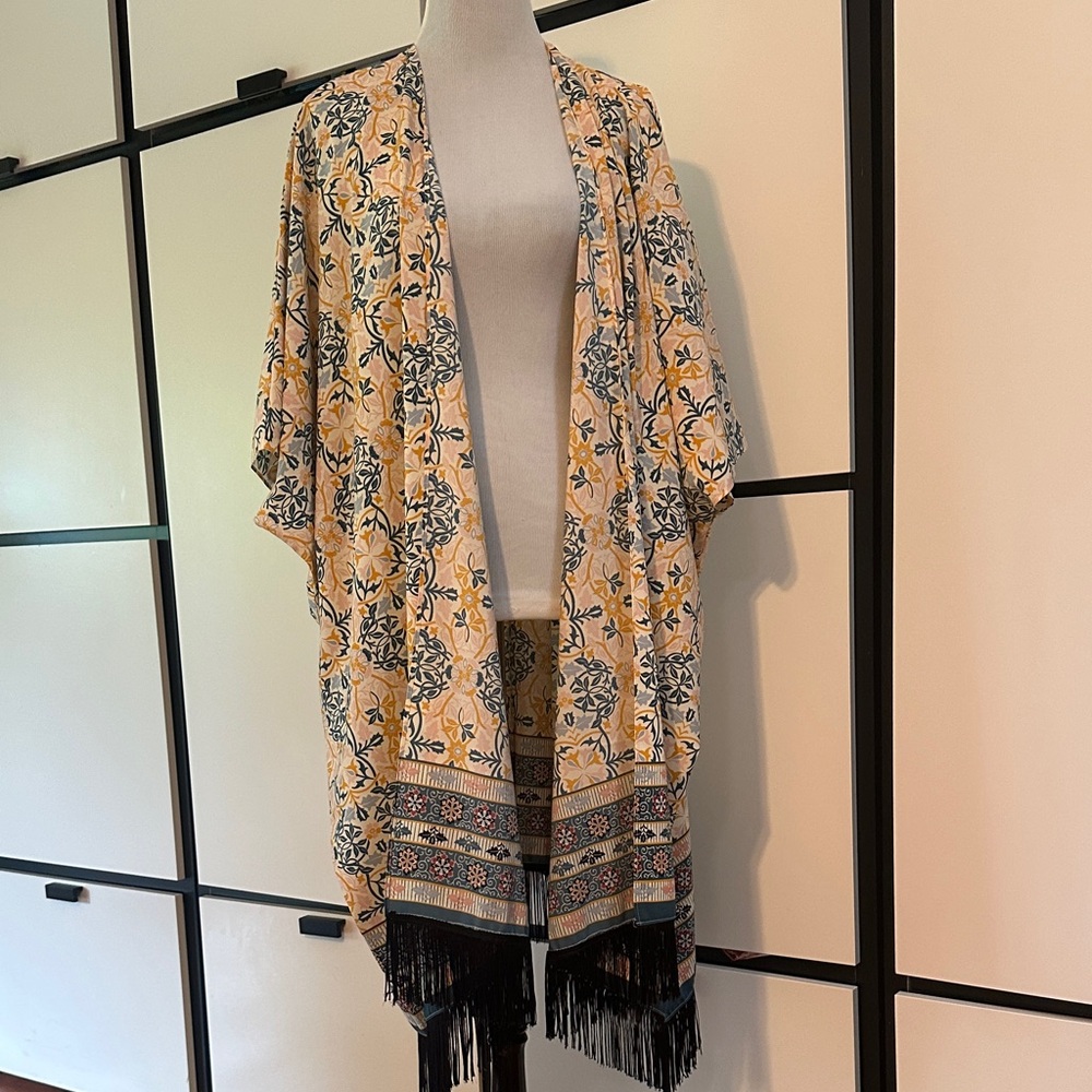 Topshop Yellow and Black Floral Kimono Duster with Fringe